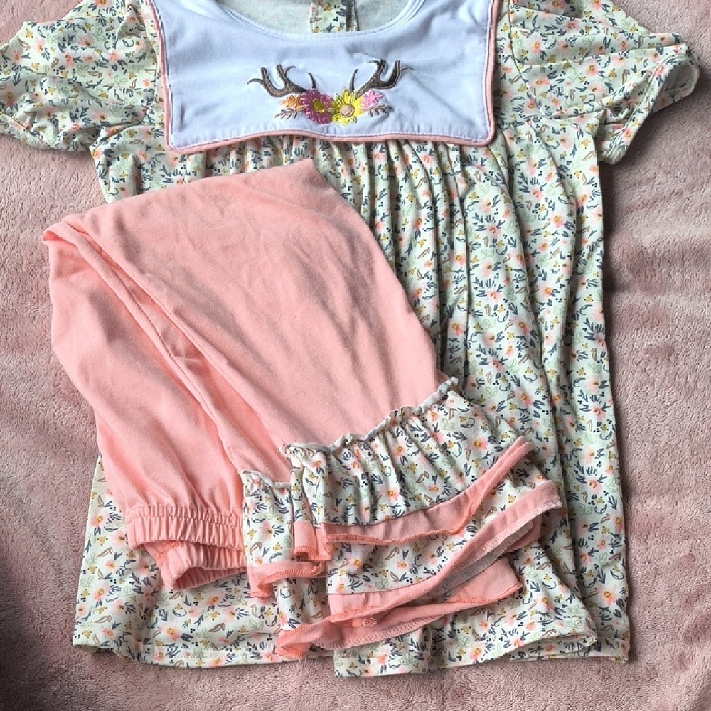 Pink and Cream Pajama Set with Ruffle Sleeves